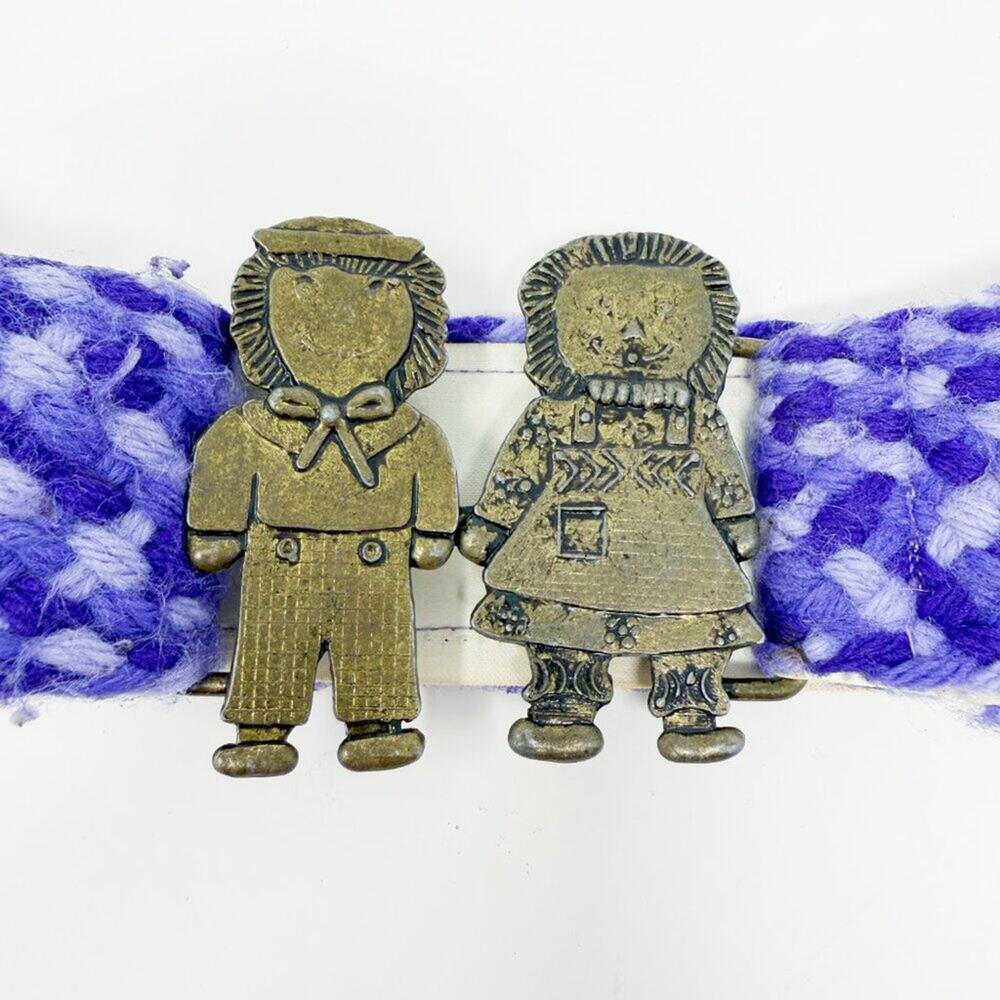 Vintage Brass Raggedy Anne & Andy Metal Belt Buckle & Belt VGUC Woven Detail